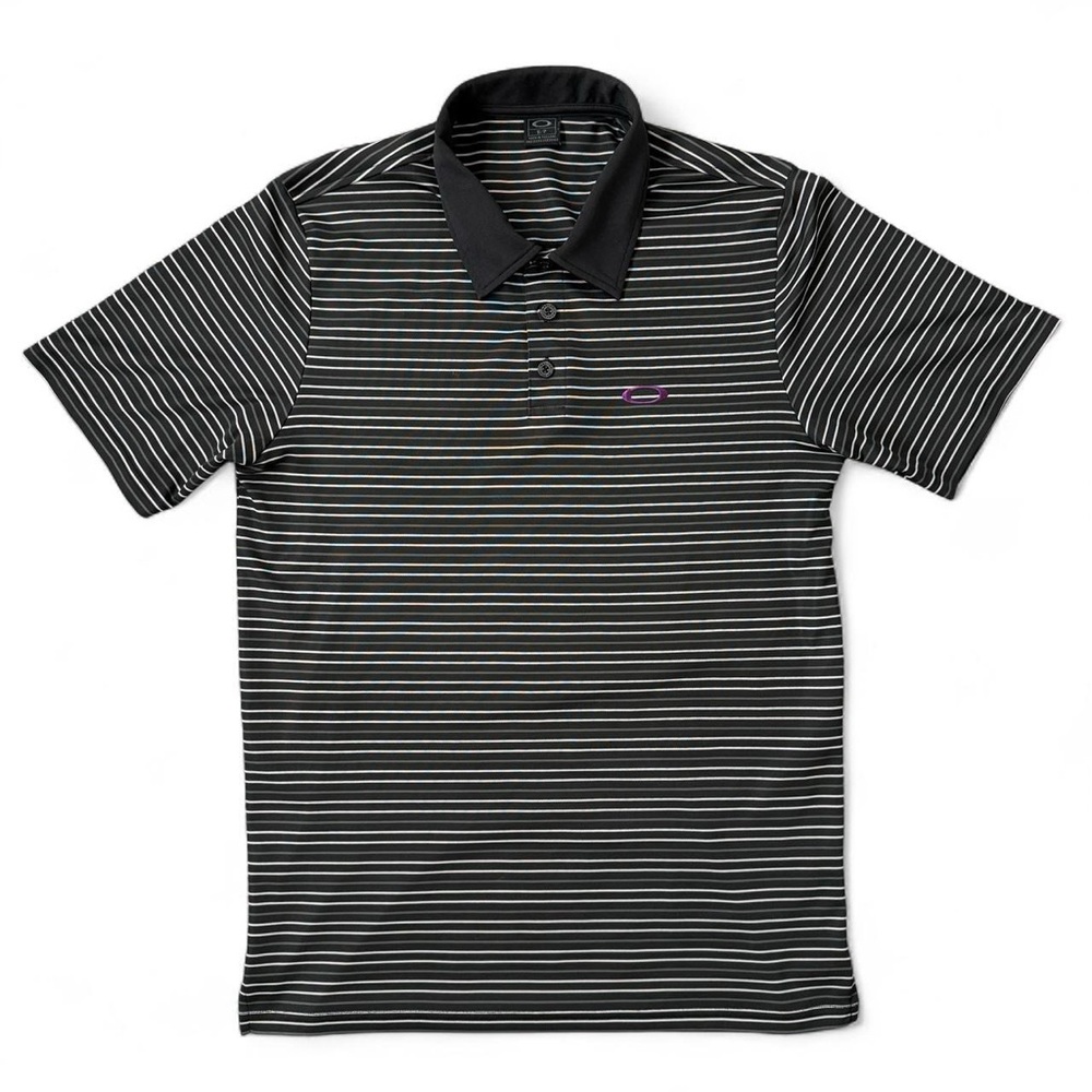 OAKLEY Polo Shirt Men Black White Stripe Purple Golf Performance Mens Size Small